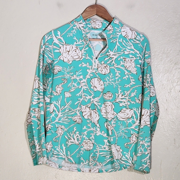 Icikuls Teal and White Seashell Print Blouse - Picture 1 of 3